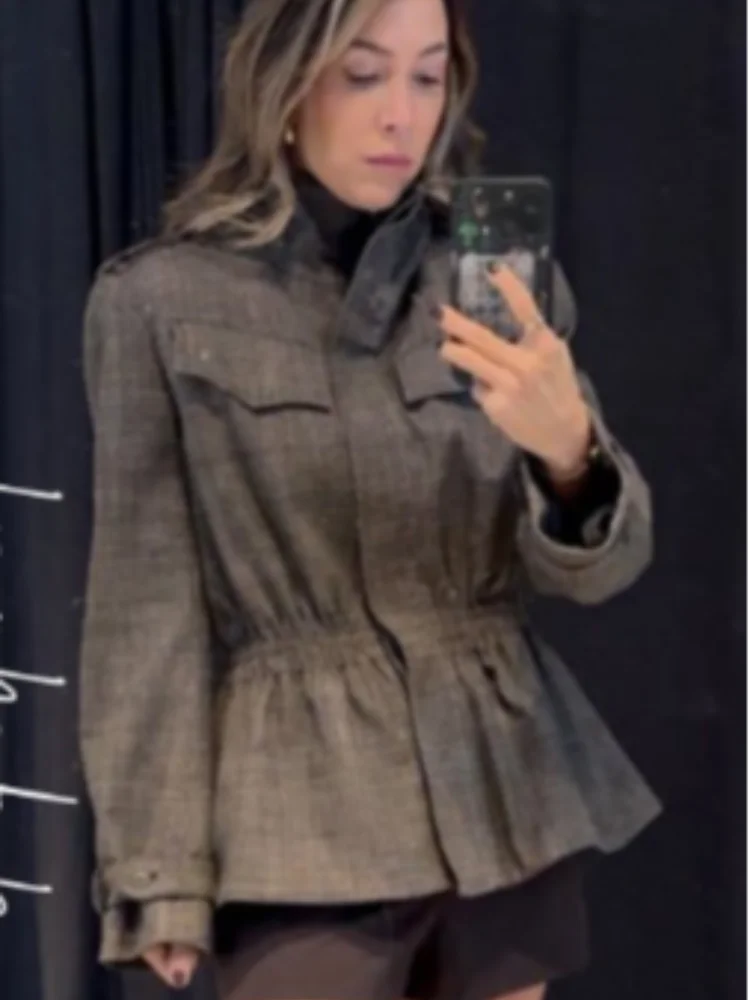 أنيقة منقوشة الخصر Cinching معطف المرأة موضة الوقوف طوق واحدة الصدر فضفاضة سترات قصيرة 2025 سيدة التنقل اليومي أبلى