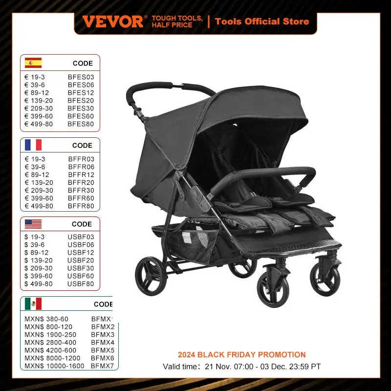 VEVOR Double Stroller Side x Side Foldable Lightweight Twin Stroller with Tandem Seating Adjustable Footrest for Newborn Toddler