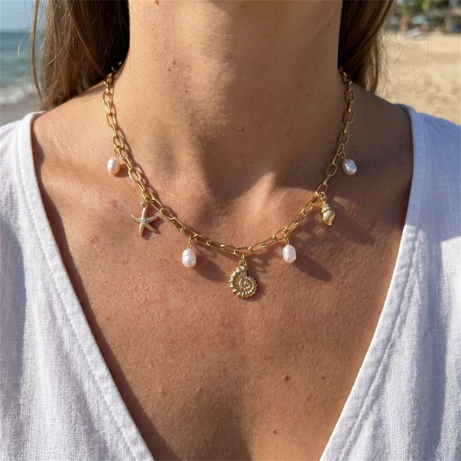 

Punk Thick Chain Multiple Pendants Necklace for Women Ocean Style Starfish Conch Shell Necklace Minimalist Summer Beach Jewelry