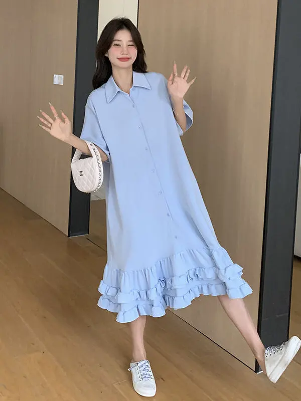 plus Size Women's Shirt Dress 2300 Pounds Fish Tail Skirt Splice Summer New Style  Fashion Age Reduction Korean Version