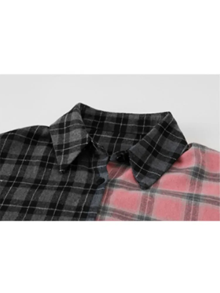 Drehen-unten Hals Langarm Patchwork Plaid Shirts Frauen Herbst Oversize Button Up Hemd Koreanische Mode Casual Outwear Tops