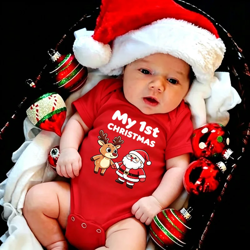 Cute Santa Claus Reindeer Print Baby Clothes My First Christmas Newborn Romper Short Sleeve Infant Jumpsuits