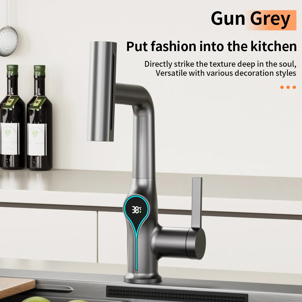 Waterfall Temperature Digital Display Kitchen Faucet Lift Up Down Stream Sprayer Hot Cold Water Sink Mixer Wash Tap For Bathroom