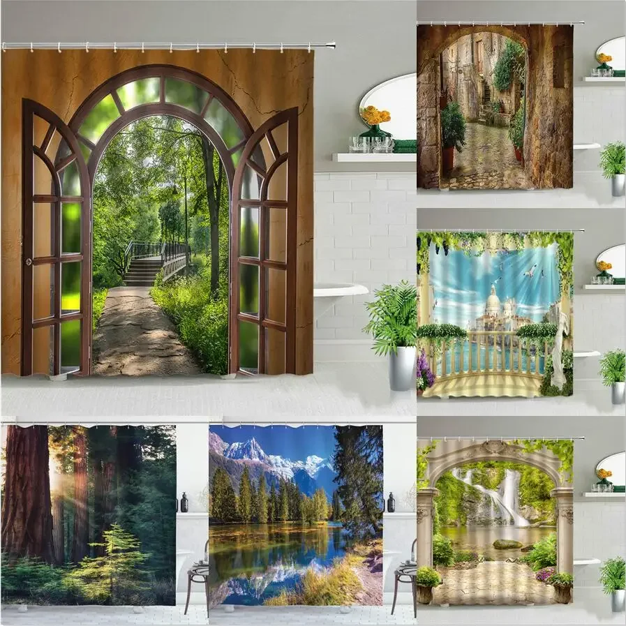 

Window Outside Forest Bridge Spring Landscape Creativity Shower Curtain Zen Stone Tree Building Scenery Cloth Curtains With Hook