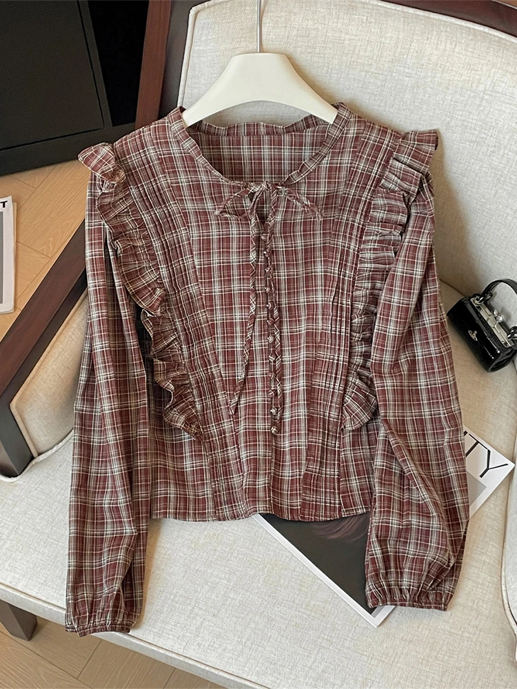 

Women's Red Plaid Shirts and Blouses Y2k Aesthetic Vintage Korean Harajuku 2000s Elegant Long Sleeve O-Neck Shirt Trashy Clothes