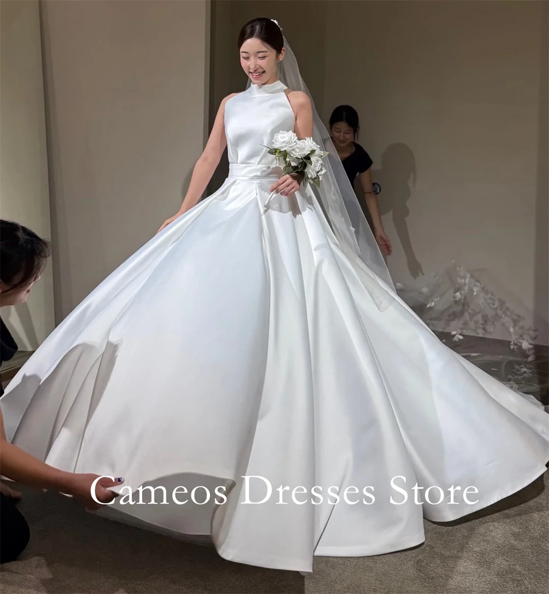Sondr personalizado alta pescoço vestidos de baile vestidos de casamento simples a linha cetim espartilho coreia vestidos de noiva feminino