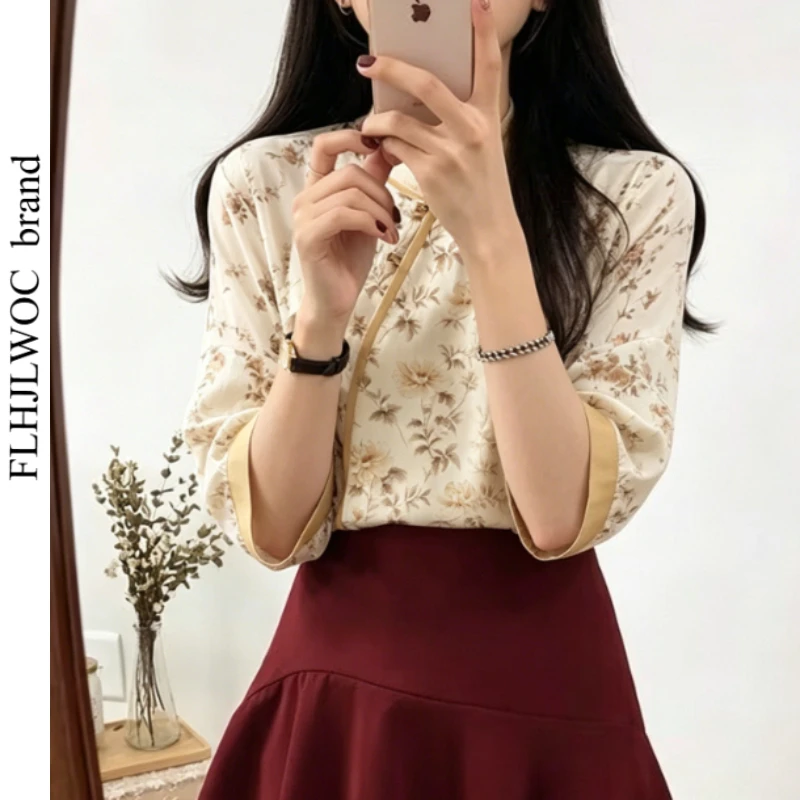 

Retro Vintage Shirt Women's New Chinese Style Floral Print Blouse Stand Collar Asymmetrical Design Button Short Sleeve Tunic Top