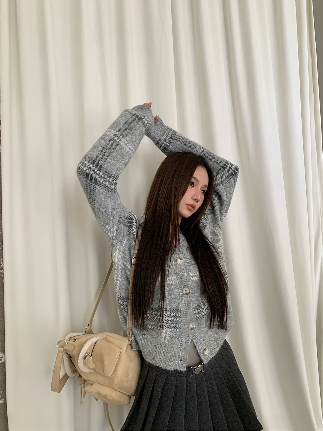 

Retro Plaid Camere Knitted Cardigan Women's ort V-ne Sweater Outerwear Trendy Autumn Winter New Arrival Warmth