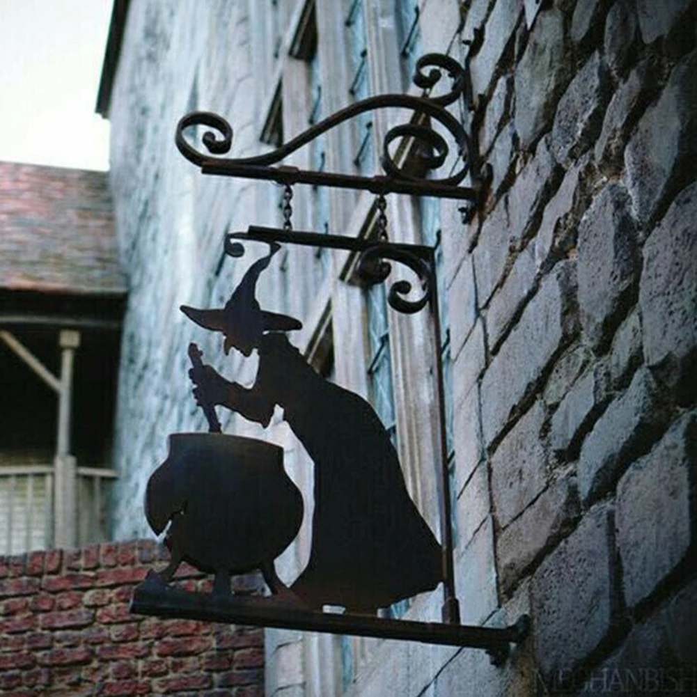 Hanging Metal Vintage Witch Shape Cast Iron Garden Corner Sign Mysterious Witch Statue Ghost Doorframe Halloween Decoration