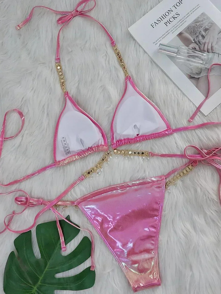 Sexy Micro PU Bikini 2025 Wrap Around Diamond Bikini Women Swimsuit Female Swimwear Two-pieces Bikini Set Pool Bathing Suit Swim