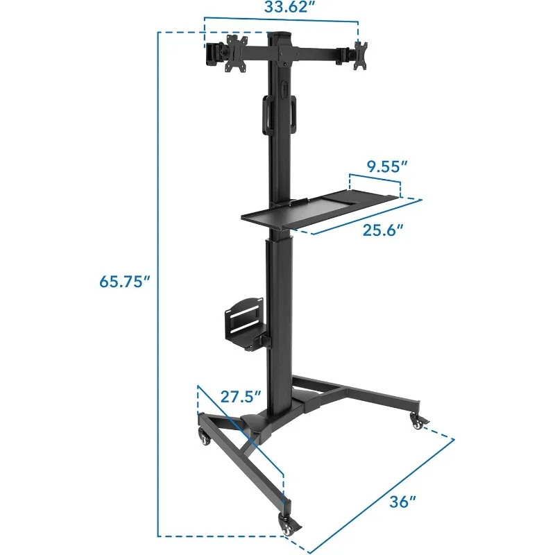 ローリングコンピューターデスク,スクリーン用デュアルモニター,モバイルデスク,キーボードマウス付きワークステーション,最大32インチ