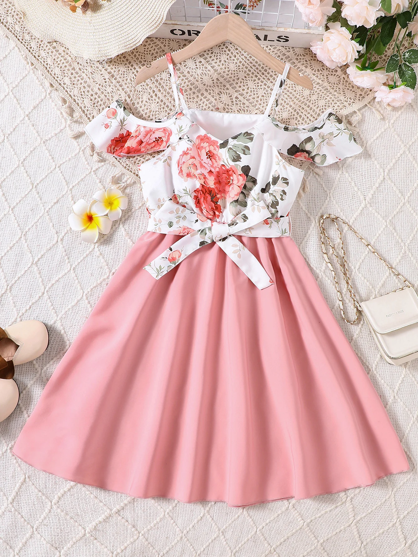 Girls' Summer New Campus Style Elegant And Romantic Dress With Small V-Neck Flower Print Girl Sling Dress