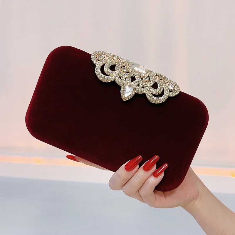 Velvet Clutch Bag, Fashion Rhinestone Decor Handbag, Women\'s Dinner Party Square Bag for Carnaval Music Festival