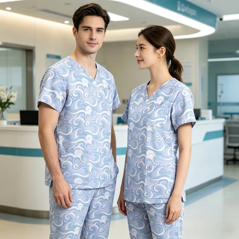 Printed V-neck Hand Wash Suit Set, Unisex Medical Workwear, Suitable for Use in Beauty Salons, Spas, and Nursing Facilities