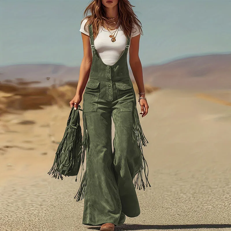 Spring Sexy U Neck Button Strappy Bodysuit Jumpsuit Woman Retro Solid Suede Straight Romper Summer Wide Leg Tassel Pant Overalls