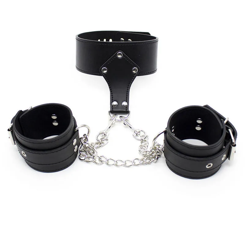 Collar de cuero con puños para el cuello, juegos para adultos, ataduras de Bondage, cinturón de cuero, esposas, collares, Juguetes sexuales para parejas