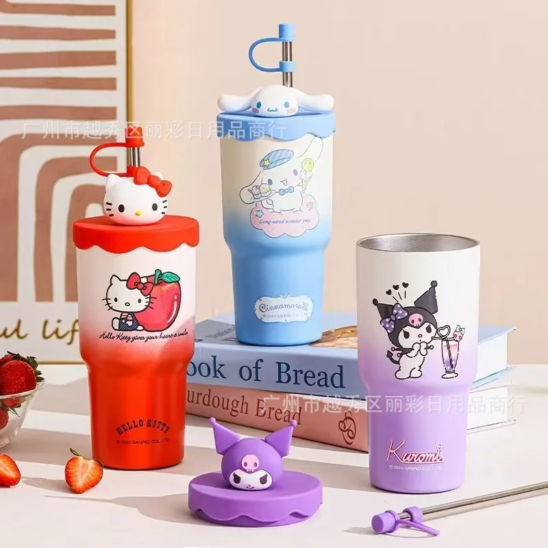 

Hot Sanrio Character Peripherals Large Capacity Stainless Steel Thermos Cup Kawaii Kitty Straw Outdoor Portable Water Cup Gift
