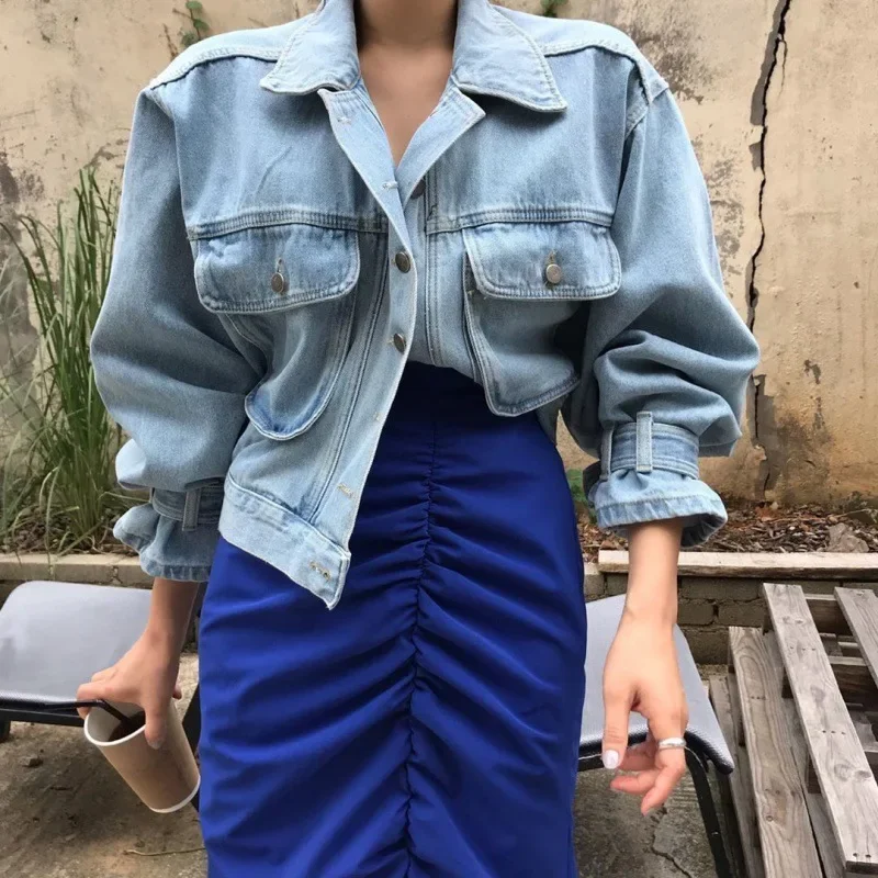 

Dark Blue Denim Coat Women Spring Versatile Lapel Loose Multiple Pockets Puff Sleeve Casual Commute Short Style Outerwear Coat