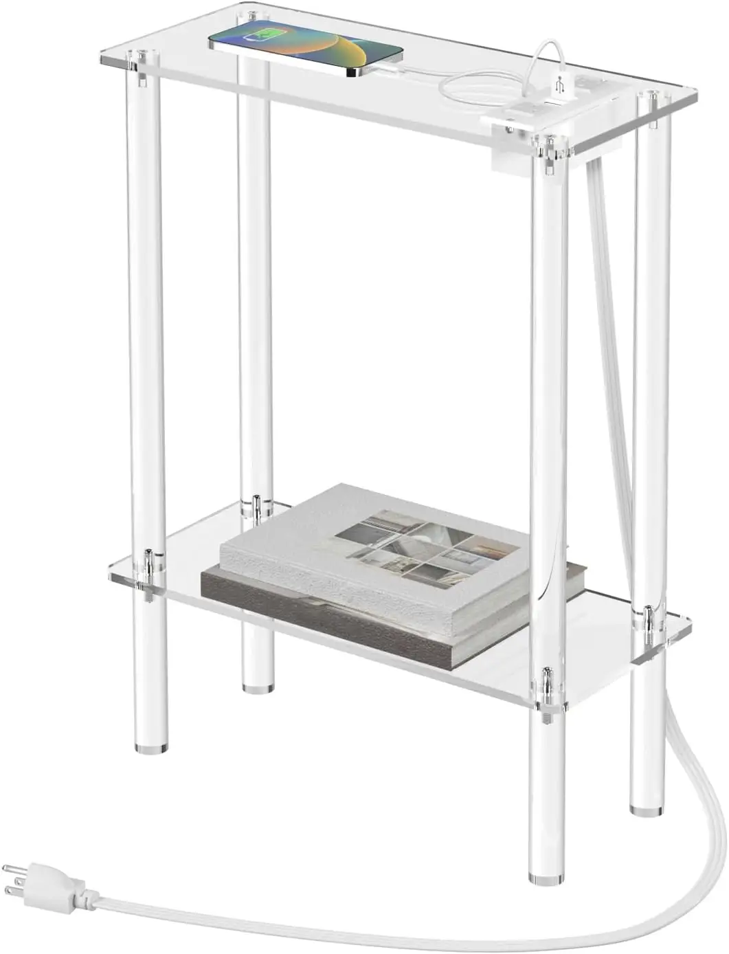 

Narrow Acrylic Side Table with Charging Station, 2-Tier Small End Table for Tight Spaces