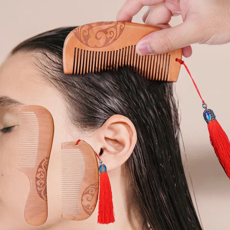 

Thickened Old Peach Wood Carved Flower Anti-static Hair Loss And Beauty Double-sided Wooden Comb