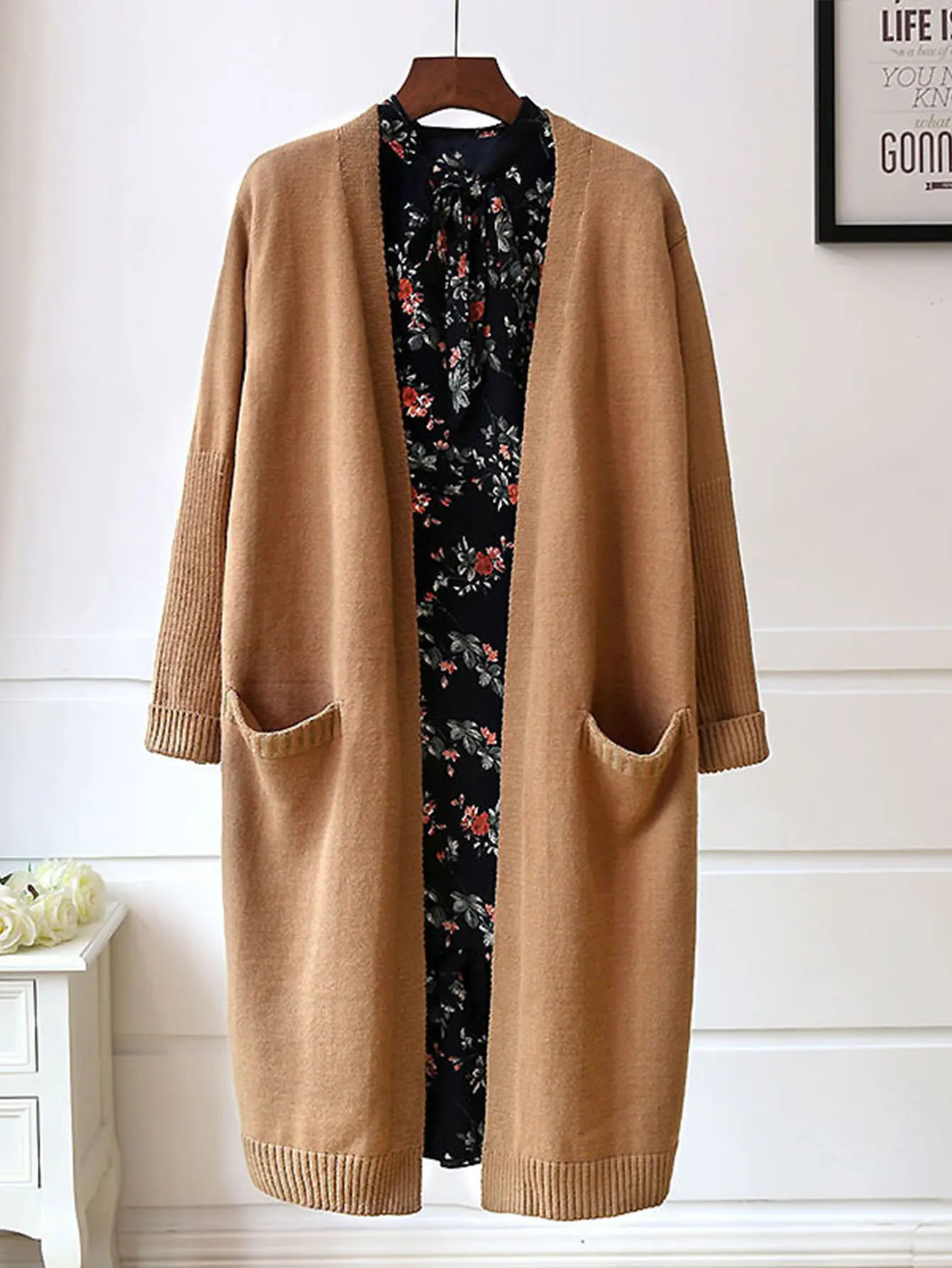 

Women's Long Cardigan Open Front V-Neck Autumn Winter Casual Comfortable Plain Color Block with Pockets for Daily Wear