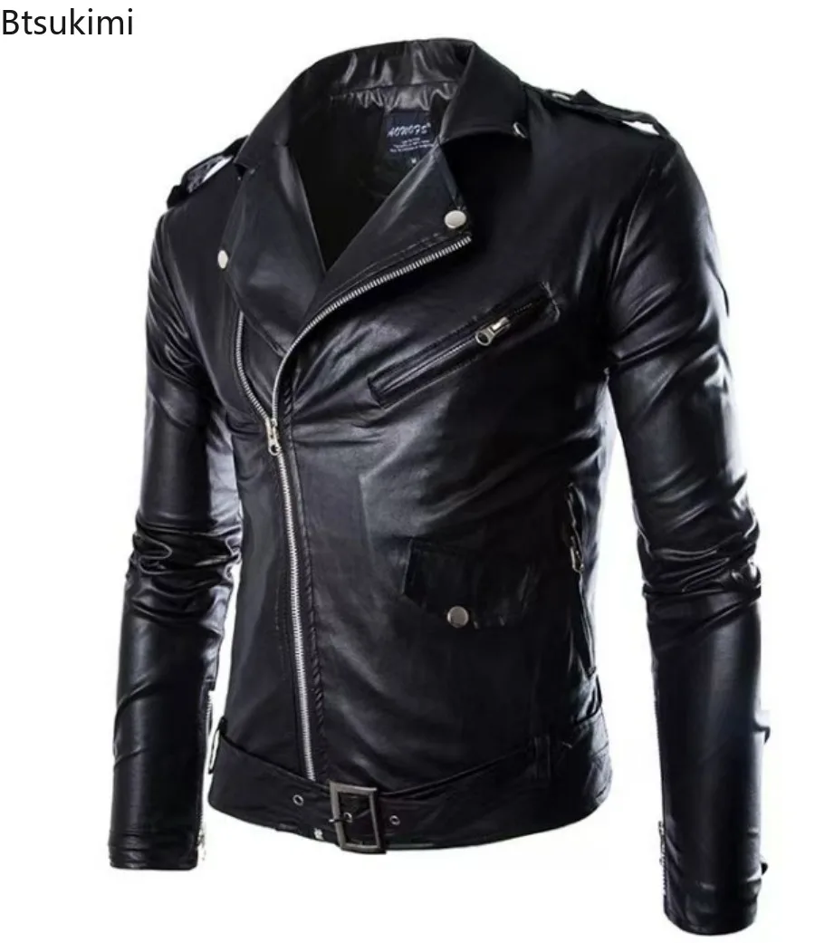 

Мужская повседневная куртка, приталенное однотонное пальто из искусственной кожи с диагональной молнией, регулировкой ремня, ветрозащитное пальто для повседневного ношения