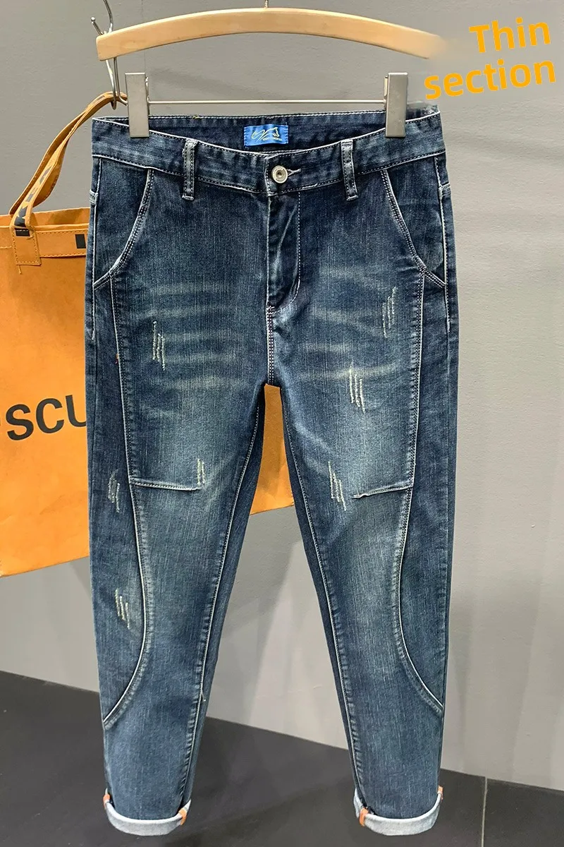 

Модные лоскутные мужские джинсы, летние тонкие свободные прямые брюки Ice Oxygen, большие размеры, американские уличные брюки Faion Urban Sle