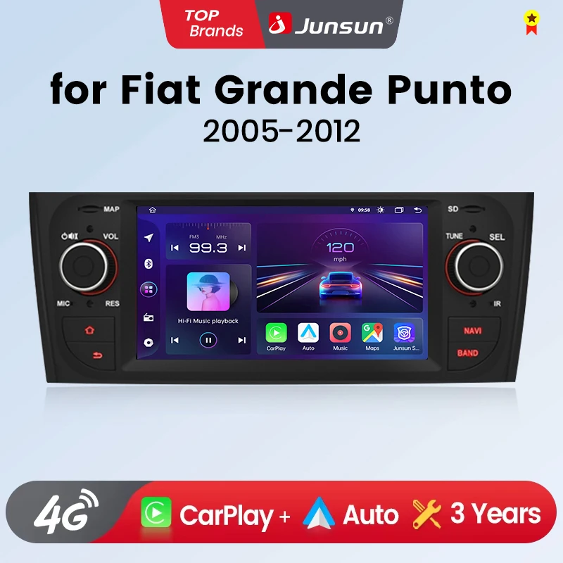 Junsun Autoradio da 6,2 pollici per Fiat Grande Punto 2005-2012 Wireless CarPlay Android Auto 2 din Multimediale intelligente 4G