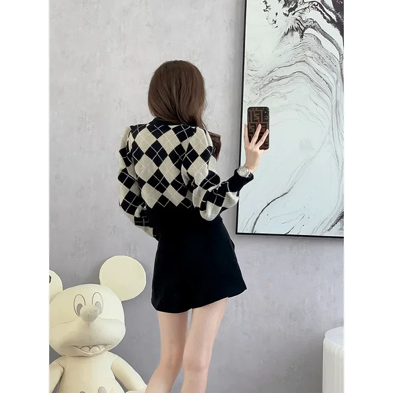 Women Clothing New Fashion Black Plaid Bow Knitted Cardigan Autumn Winter Elegant Slim O-neck Warm Sweater Diamonds Commute Top