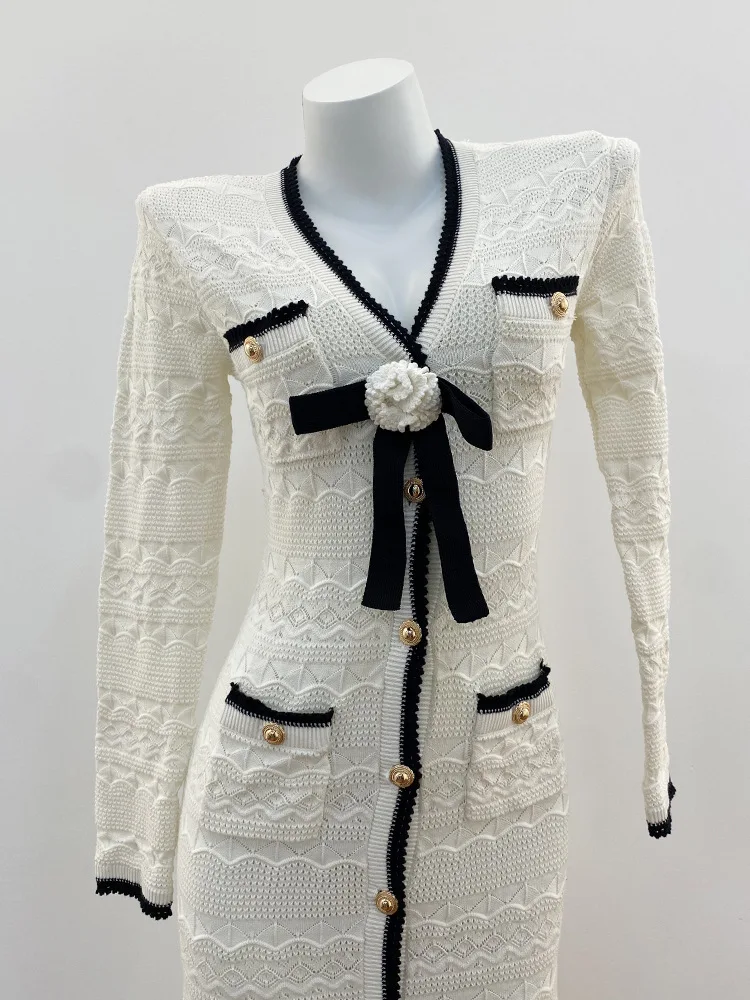ZJYT Autumn Fashion Women's Knitted Sweater Dresses Long Sleeve Color Block 3D Floral White Midi Party Evening Dress Elegant - view 5