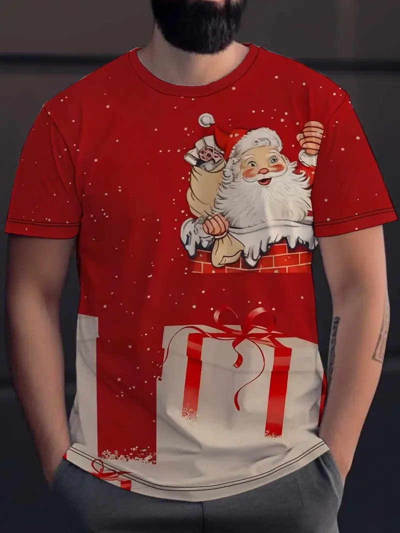 Christmas Element Graphic Tee T-Shirt Cute Santa Claus Pattern Printed Short Sleeve Tee Holiday Casual Comfortable Men Clothes