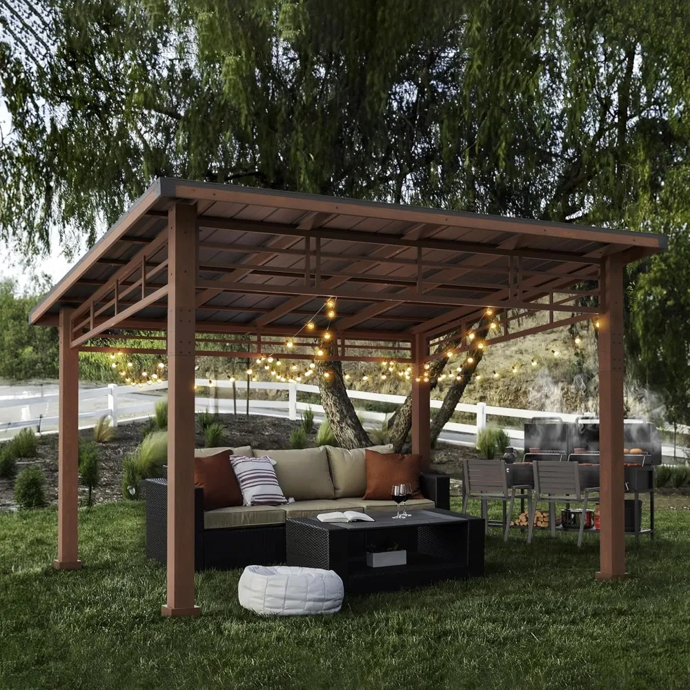 Gazébo à toit rigide 12x14, cadre de gazébo de toit de pergola extérieur, rideaux d'amendements de canébo, pavillon en continu, gazébo de gril