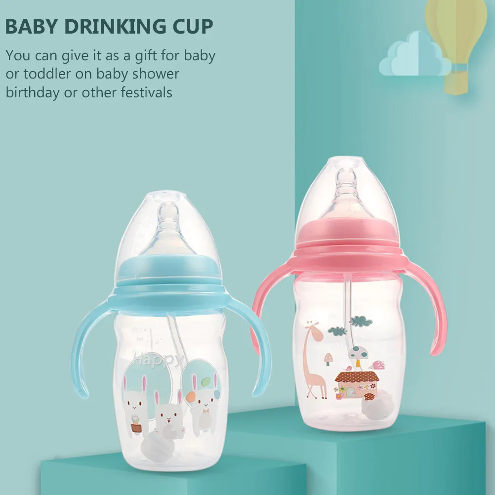 

1Pcs Blue Baby Milk Bottle with Silicone Straw Portable Lightweight Toddler Feeding Cup Kids Milk Drinking Bottle