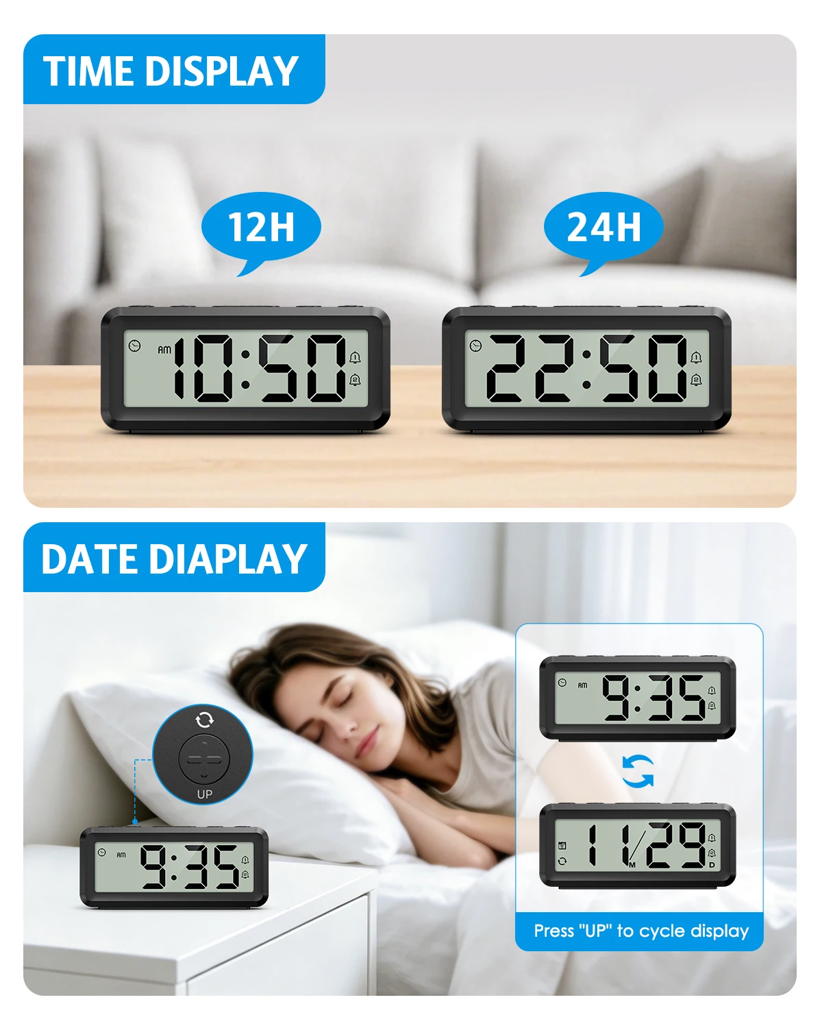 Small Alarm Clock Battery Operated Digital Alarm Clock With Dual Alarms Snooze Time Date Display Portable Clock for Travel Home