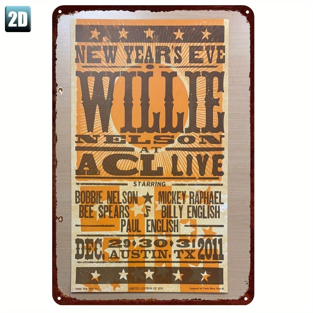 Willie Nelson New Year'S Eve Concert Tin Sign -  Retro Metal Wall Art with Stars & Stripes Design, ACL Live 2011, Festive Holida