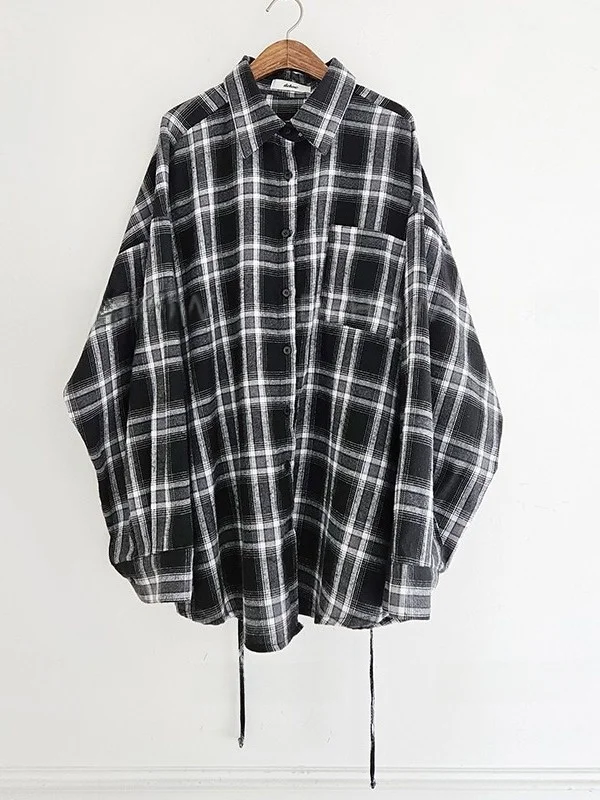 

Chic Vintage Plaid Long Sve irt Single Button Tie Waist Loose Fit Street Sle Spring Collection Faionable Women's Top