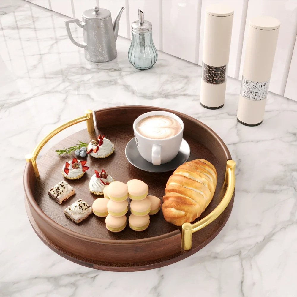 

Multifunctional Bamboo Light Luxury Tea Set Tray Simple Style Round Fruit Tray Vintage with Handle Tableware Tray Afternoon Tea