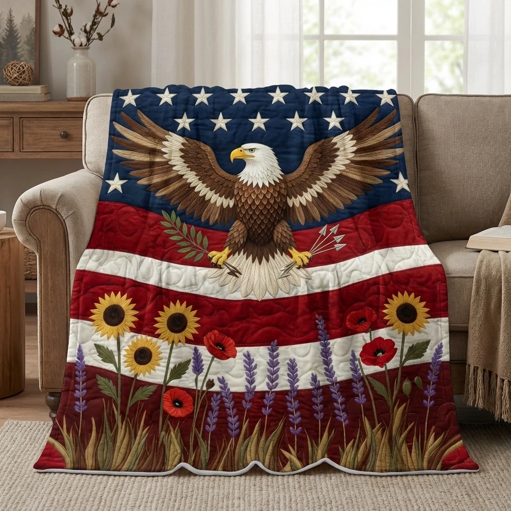 

1PC Boho American Flag Eagle with Wildflowers Thick Flannel Blanket, Soft Warm Portable Throw, Great Gift for Boys Girls