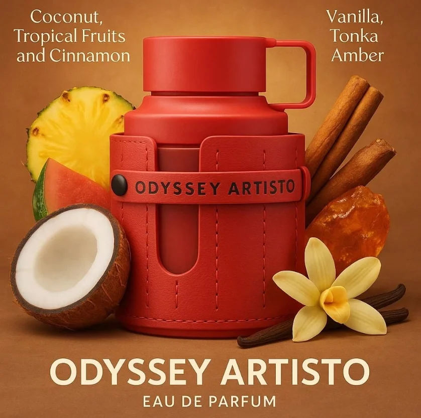 Armaf Odyssey Artisto Red Edition EDP, Kaneel, Vanille, Citrusgeur, 3.4floz/100ml Kokosnoot