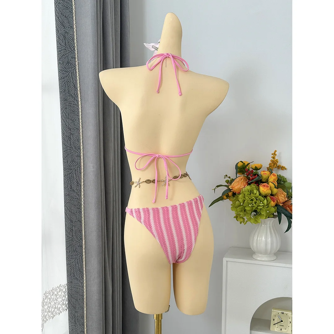 5 Farben mit Hose, gestreifter Neckholder-Bikini, Damen-Badebekleidung, dreiteiliger Bikini-Set, Badeanzug, Badebekleidung, Schwimmbekleidung V7838P – Detail 11
