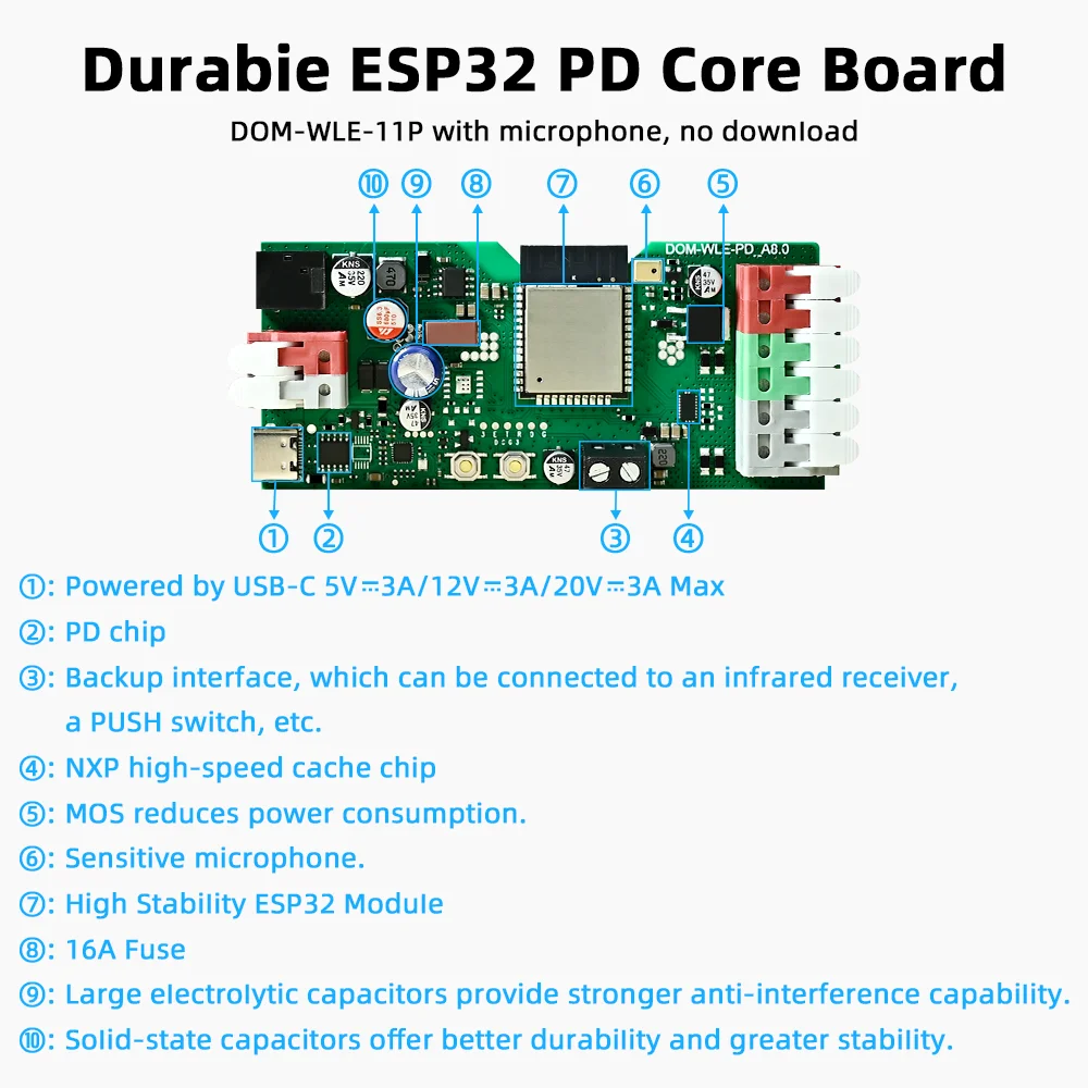 وحدة تحكم PD Power Fast Setup DOMRAEM ESP32 WLED مع ميكروفون مزدوج 5-24 فولت، مصهر 16 أمبير لـ WS2811 WS2812B WS2805 SK6812 APA102