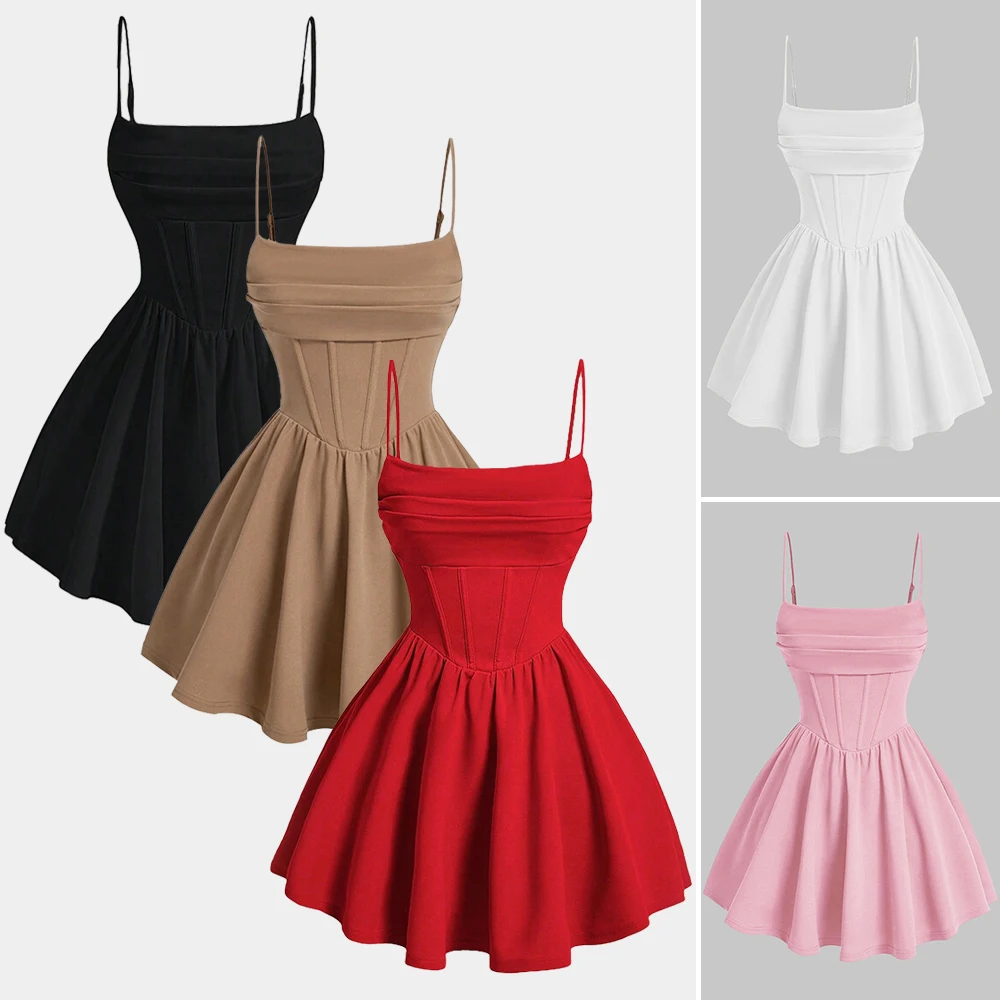 فستان نسائي ذو هيكل مشد كامي مكشكش سادة، فساتين للنساء، فستان الحفلات #3