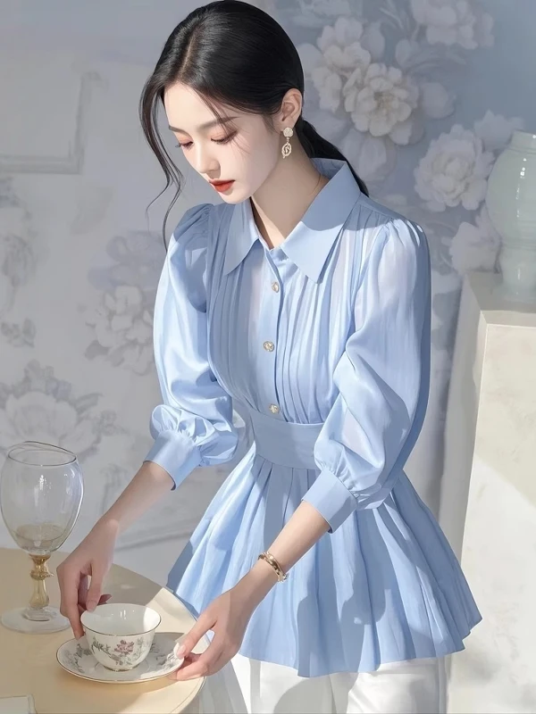 

Ele Blue Women's irt Waist-Cinching Early Spring 2026 New High-End Lightweight Unique Personali French Sle Loose Fit