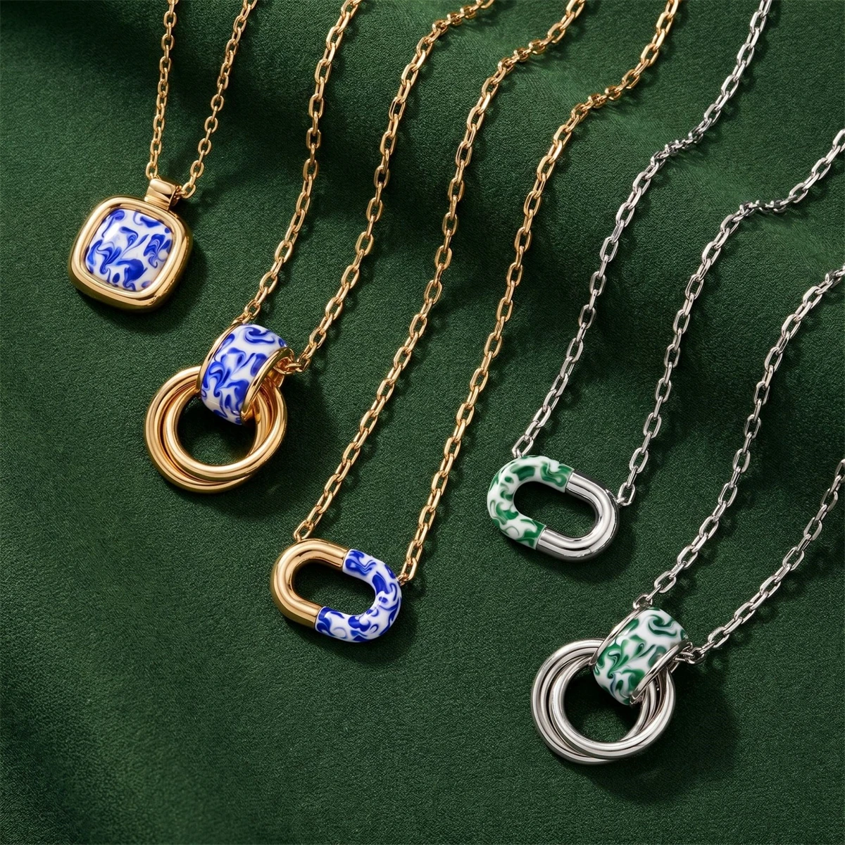 Edelstahl-Marmor-Spiral-Emaille-Halskette mit quadratischem & ineinandergreifendem Anhänger, Damen-Modeschmuck – Detail 4