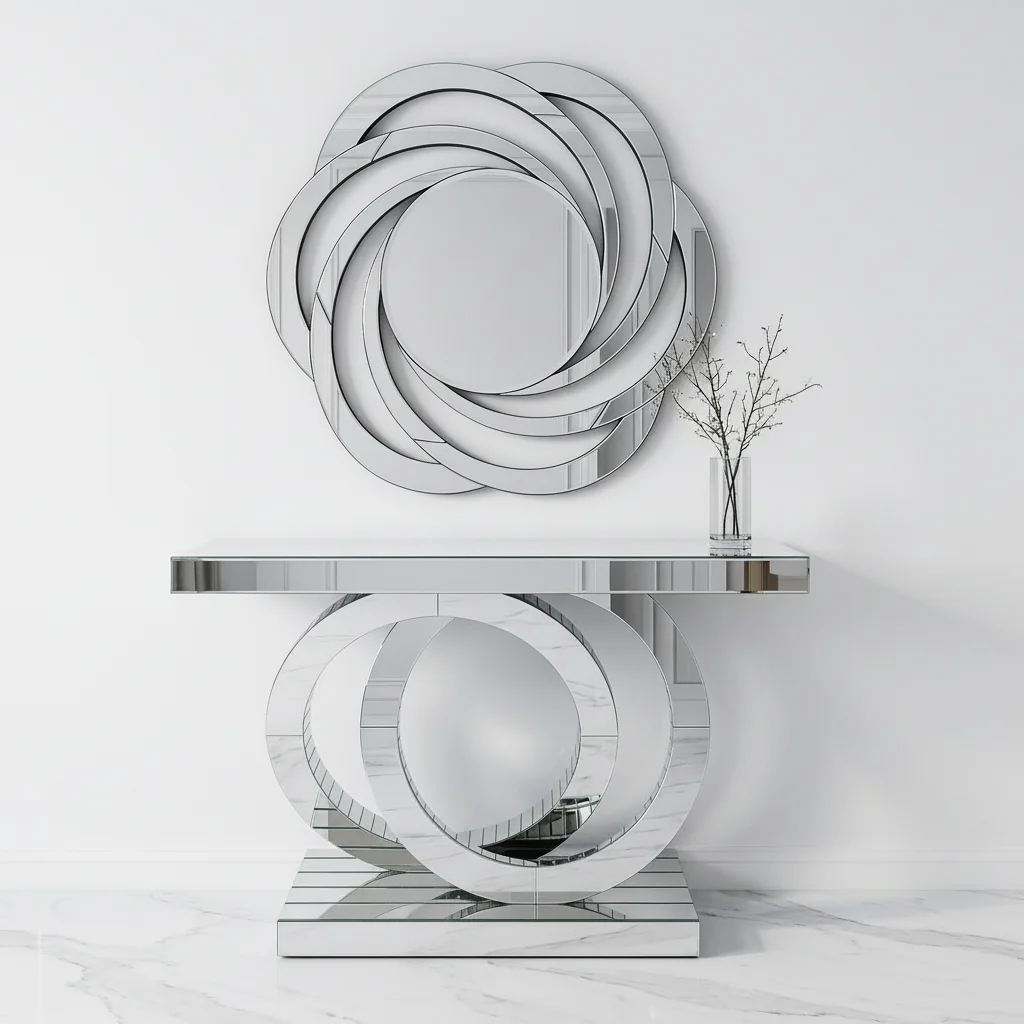 Modern Luxury Silver Glass Round Base Mirrored Console Table With Wall Mirror For Hallway Entrance