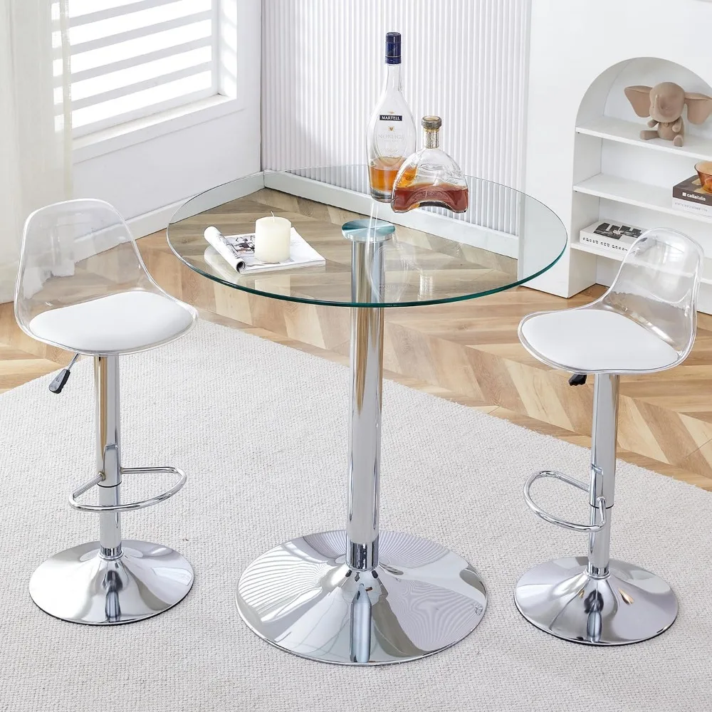 Table ronde de hauteur de barre en verre, table ronde de hauteur de comptoir de 35 pouces avec plateau en verre trempé, support de poteau chromé argenté robuste, transparent