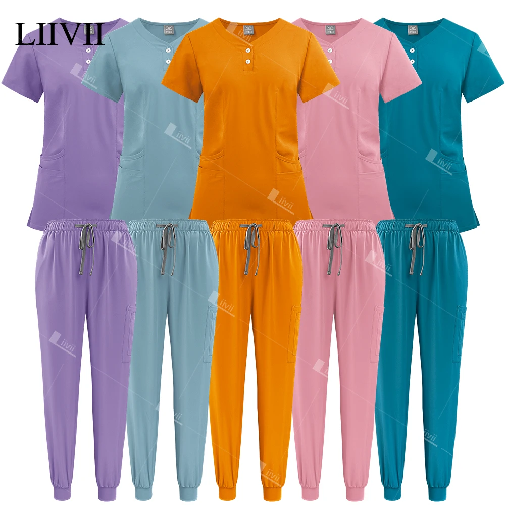 

New Polychrome Medical Uniforms Stretch Scrubs Set Buttons Tops With Pockets Jogger Pants Doctor Surgery Nurse Uniforms Workwear