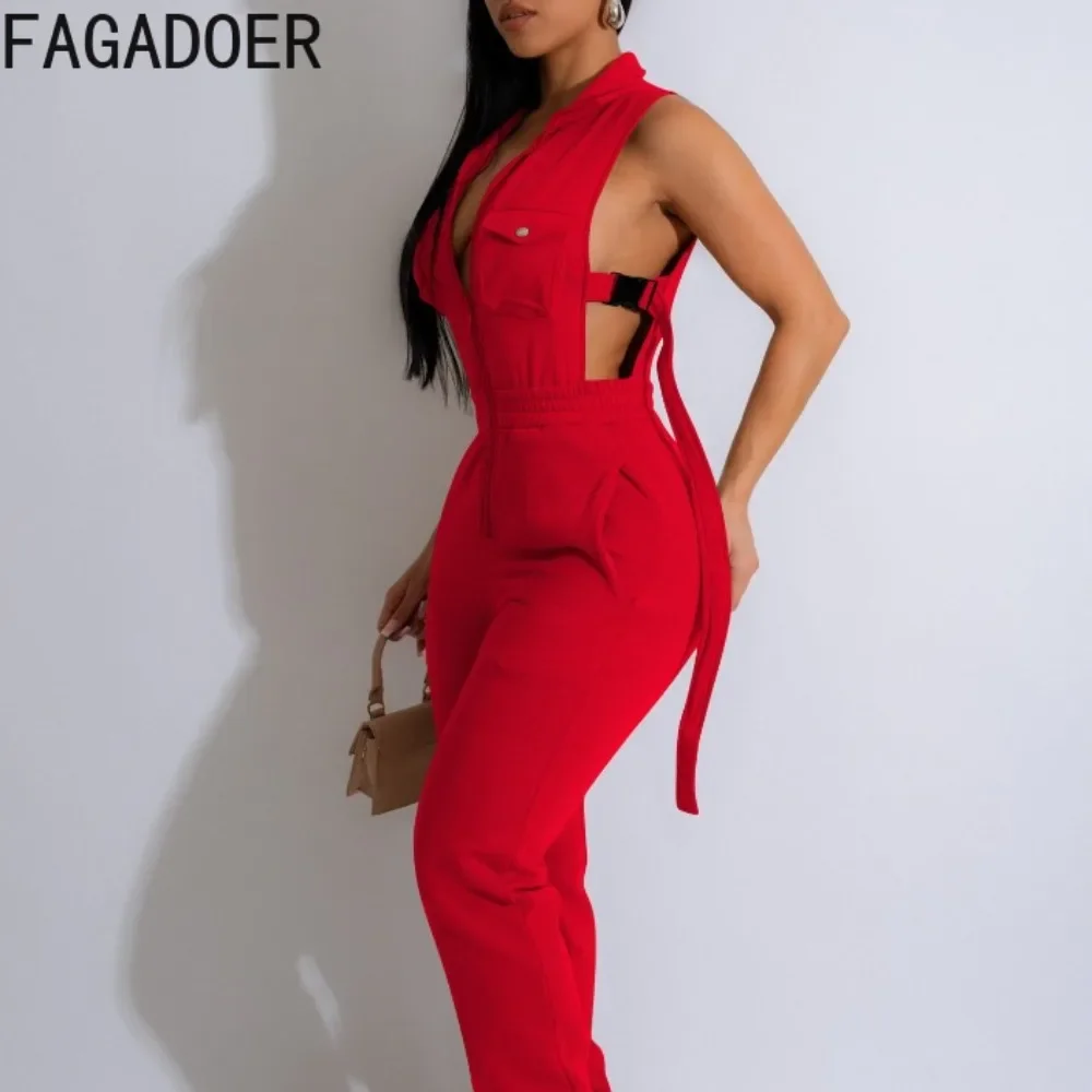 

FAGADOER Fashion Solid Hollow Out Pocket Sporty One Pieces Jumpsuits Women Deep V Strap Playsuits Casual Female Cargo Overalls