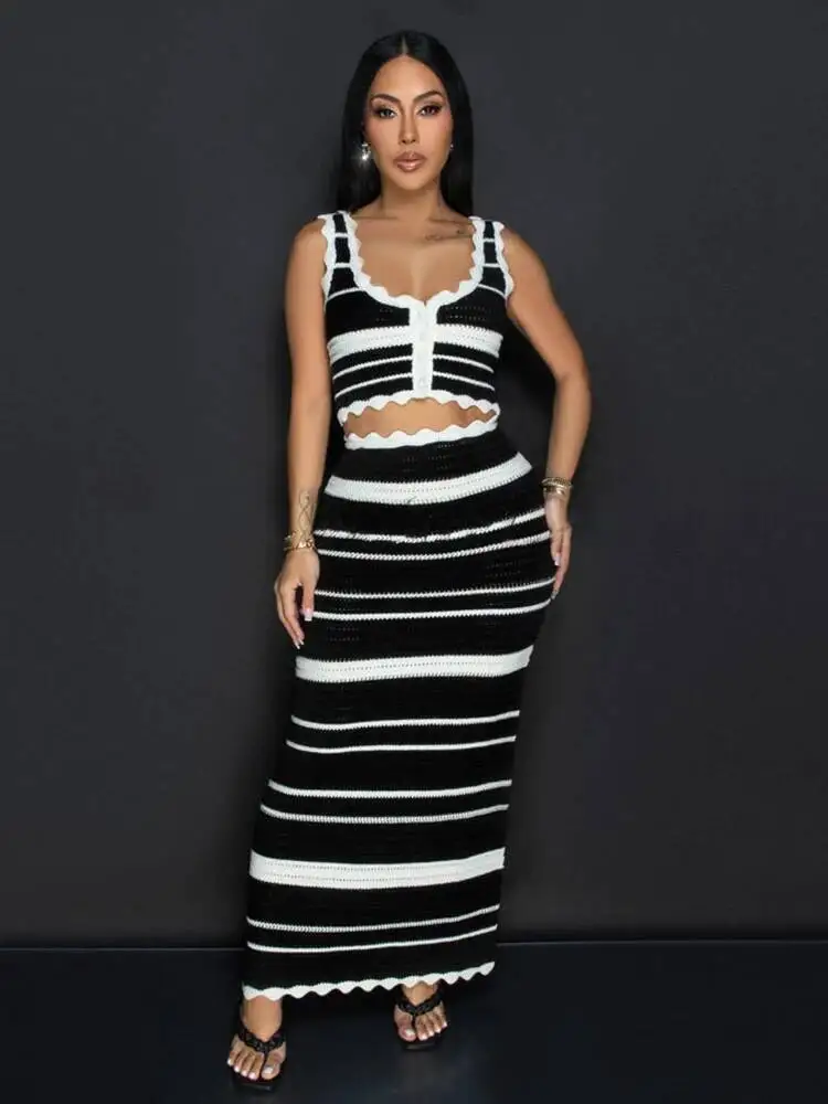 

Новая модная женская пляжная одежда, повседневный полосатый вязаный комплект из 2 предметов, женские однобортные топы на бретелях, длинные юбки, женский комплект LK9V