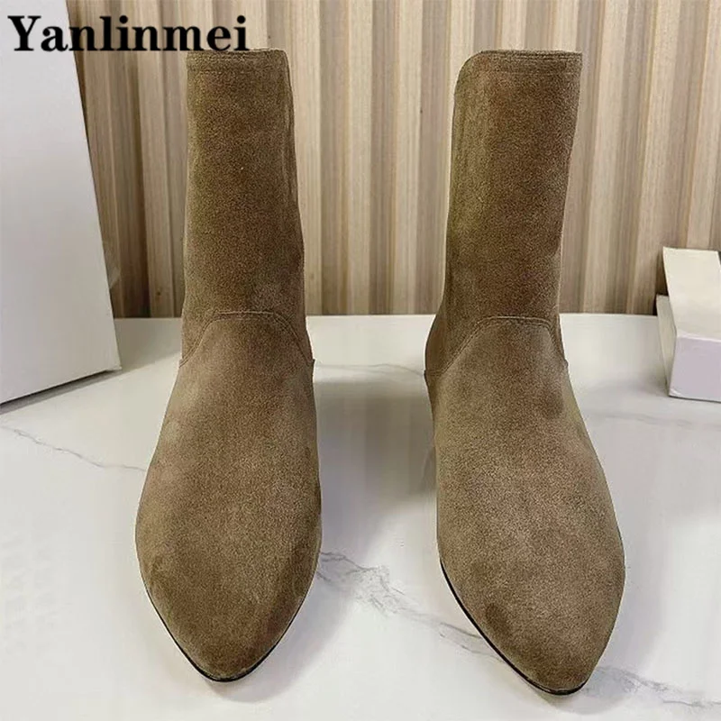 Luxury Cow Suede Short Boots Woman Pointed Toe Slip-On Chelsea Boots Comfort Flat Ankle Boots Women Western Cowboy Boots Woman